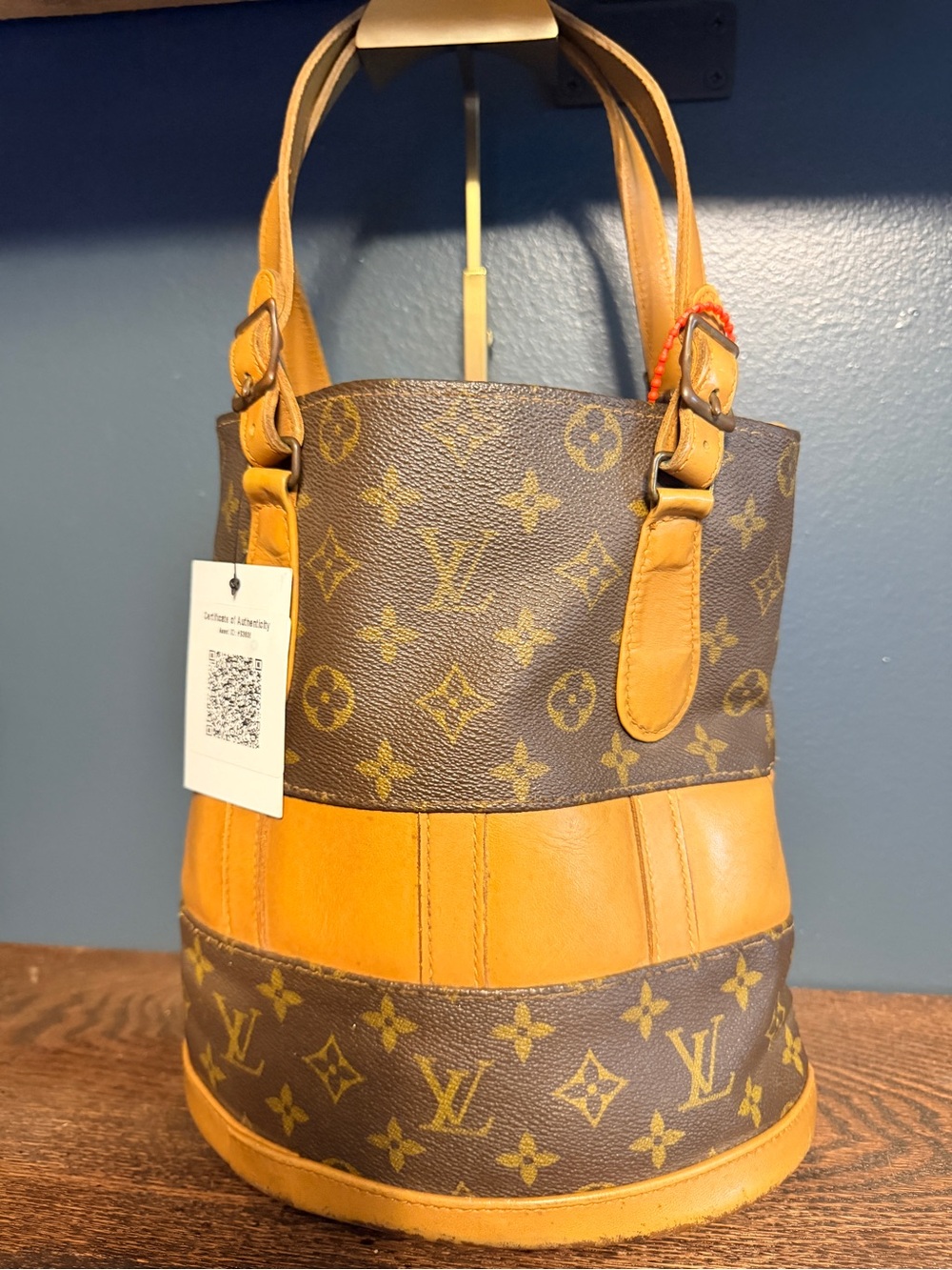 Louis Vuitton Vintage 1970’s Brown Monogram and Tan Leather Bucket Bag COA